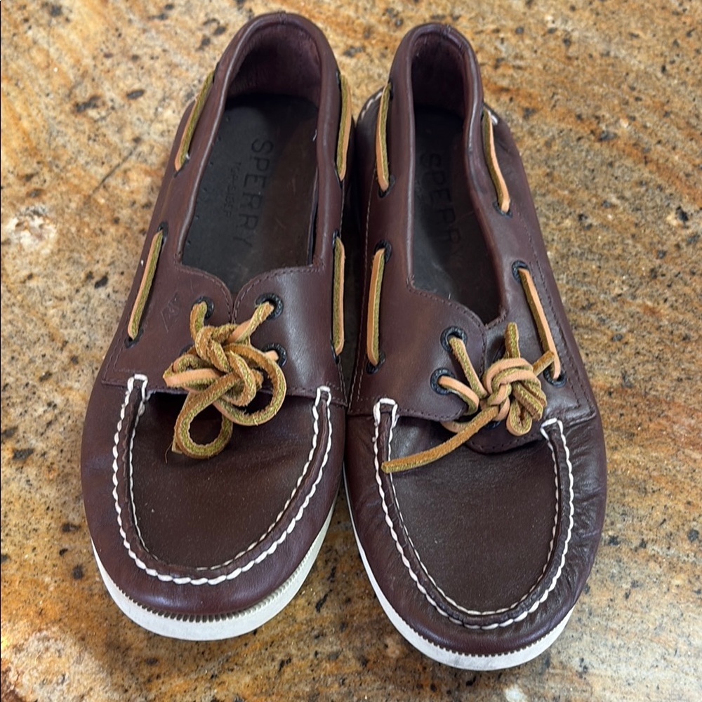 Sperry Brown Leather Boat Shoes with Tan Laces